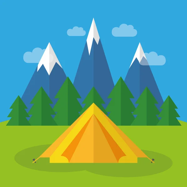 Camping en una tienda de campaña amarilla con montañas nevadas y vista al bosque — Vector de stock