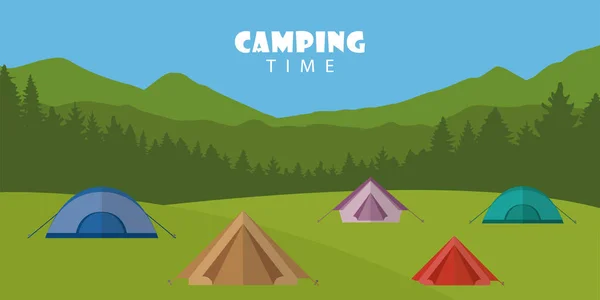 Camping time outdoor summer landscape with colorful tents — Wektor stockowy