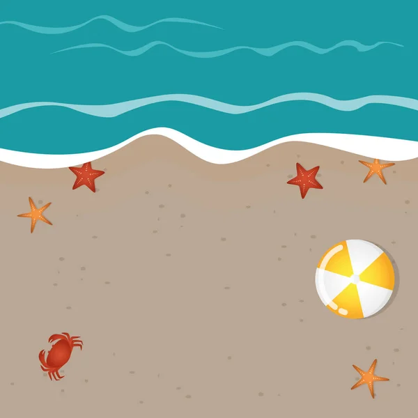 Παραλία φόντο καλοκαίρι σχεδιασμό διακοπών με αστερίας καβούρι και μπάλα — Διανυσματικό Αρχείο