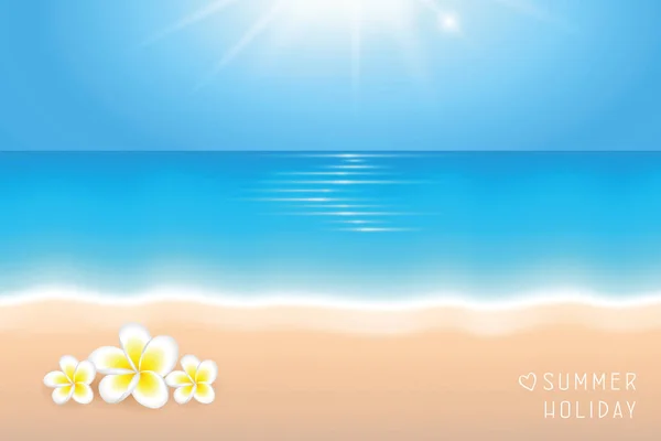 Solig dag på stranden sommarsemester bakgrund med Frangipani tropiska blommor — Stock vektor