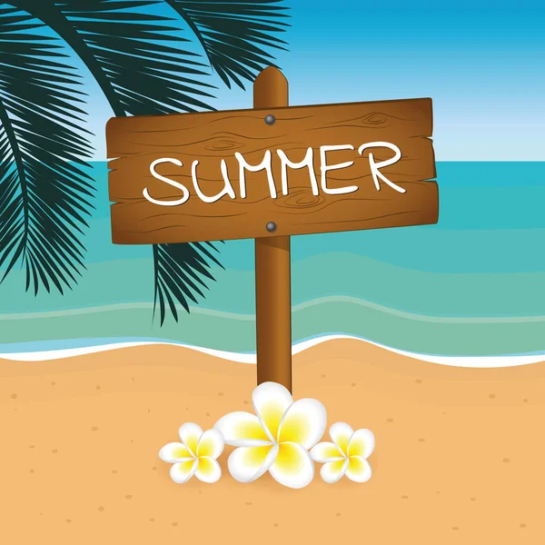 Design de férias de verão sinal de madeira na praia com folha de palma —  Vetores de Stock