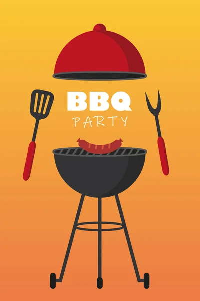 Bbq party red kettle barbecue with sausage and grill cutlery — Stock Vector