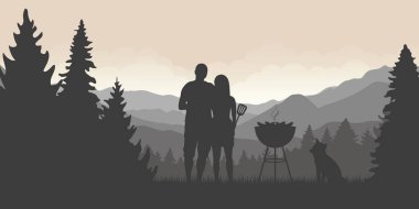 orman ve dağ manzaralı köpek ve su ısıtıcısı barbekü ile barbekü zaman çift