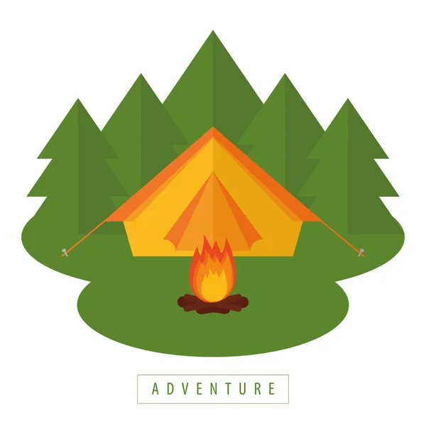 Camping adventure tent in the forest with campfire — Stock Vector