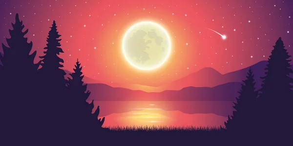 浪漫的满月和落在湖边的星星景观 — 图库矢量图片