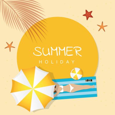 yaz tatili tasarım kız bir şemsiye ve palmiye ağacı altında plajda yatıyor