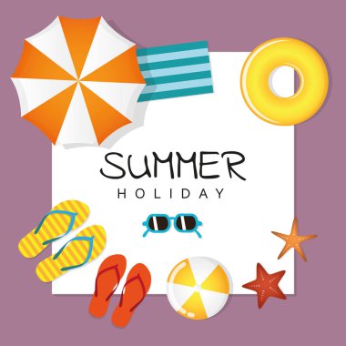 güneş gözlüğü flip flop topu denizyıldızı ve şemsiye ile yaz tatili tasarımı