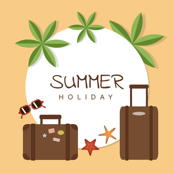 Летний отдых дизайн с чемоданом пальмовые солнцезащитные очки и морская звезда — стоковый вектор