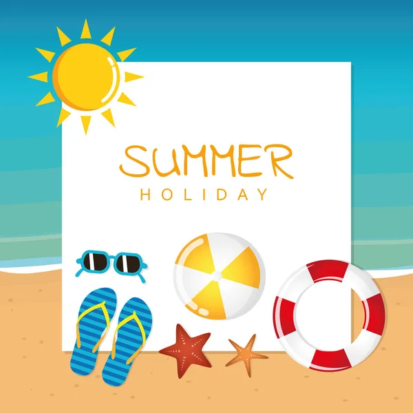 Design de férias de verão com óculos de sol chinelos bola e estrela do mar — Vetor de Stock