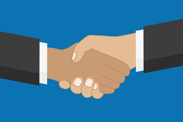 partnership concept two people shake hands on blue background