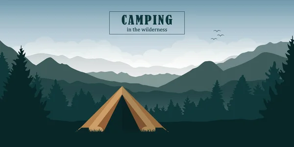 녹색 산 풍경에서 숲에서 야생 텐트에서 캠핑 모험 — 스톡 벡터