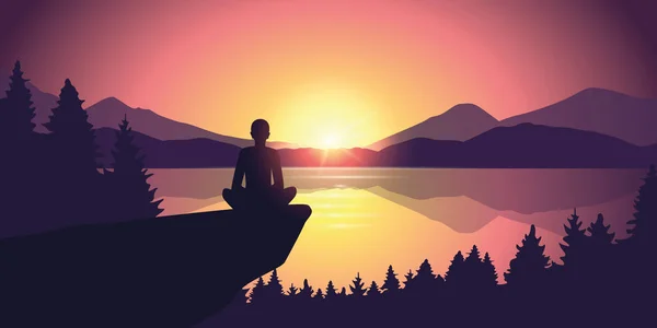 Person njuta av tystnaden i Purple Mountain naturlandskap vid sjön vid solnedgången — Stock vektor