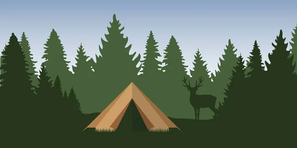 Tienda de campaña en el bosque con la vida silvestre ciervos naturaleza verde — Archivo Imágenes Vectoriales
