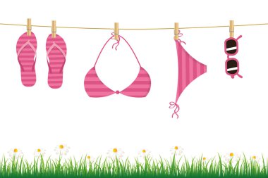 pembe asılı flip flop bikini ve güneş gözlüğü bir ip papatya çiçek ve çim beyaz arka plan üzerinde