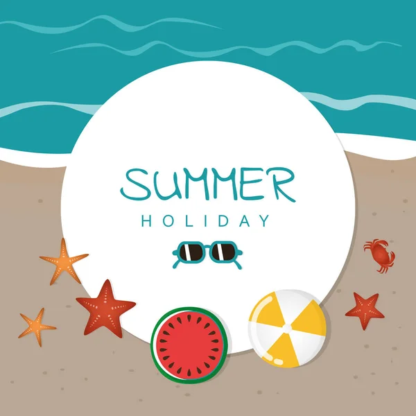 Летний отдых на пляже с солнцезащитными очками арбуз морской звезды мяч и краб — стоковый вектор