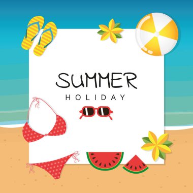 bikini güneş gözlüğü ile yaz tatili tasarımı parmak arası terlik karpuz topu ve çiçekler