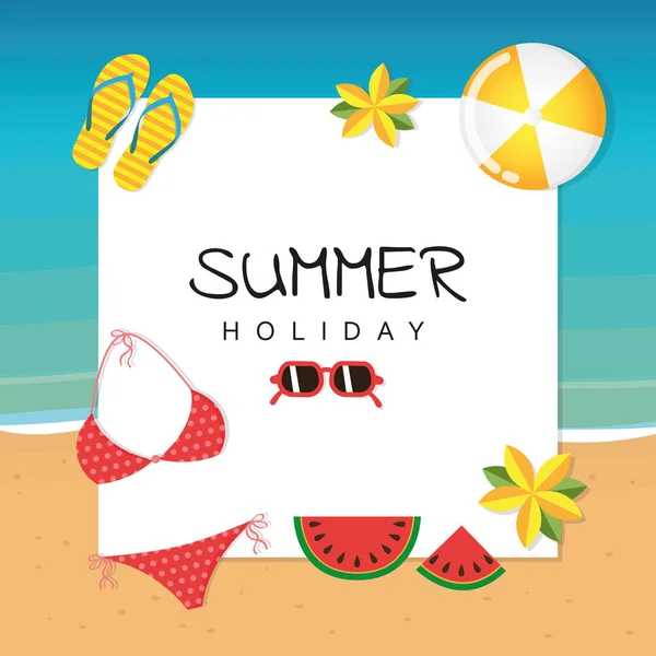 Sommerurlaub Design mit Bikini-Sonnenbrille Flip-Flops Wassermelonenball und Blumen — Stockvektor