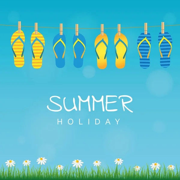 Sommerurlaub hängen Flip-Flop auf einem Seil Gänseblümchen Blume und Gras — Stockvektor