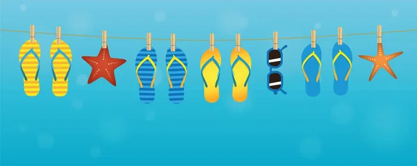 Tongs colorées lunettes de soleil et étoiles de mer accrochées à une corde sur fond turquoise — Image vectorielle