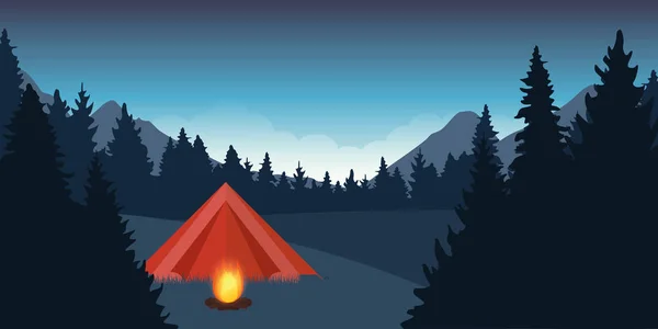 Tenda vermelha com fogueira à noite na paisagem azul floresta —  Vetores de Stock