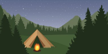 orman yeşil manzara ve yıldızlı gökyüzünde gece kamp ateşi ile çadır