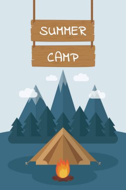 karlı dağlar ve orman manzaralı yaz kampı çadırı