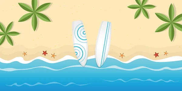 Дві дошки на пляжі з пальмами і морською зіркою — стоковий вектор