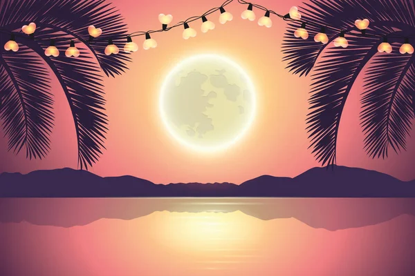 Lumières de fées sur la plage de palmiers paradisiaques violets la nuit avec pleine lune — Image vectorielle