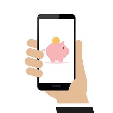 el piggy bank alışveriş konsepti ile akıllı telefon tutar