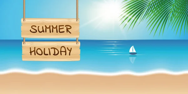 Wooden sign summer holiday on beautiful palm beach with sailboat — ストックベクタ