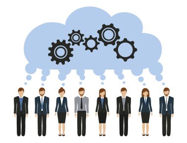 iş adamları ve kadınlar dişliler ile ortak bir fikir geliştirmek