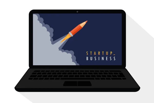 Startup business concept with pencil rocket launch in laptop — Stock Vector