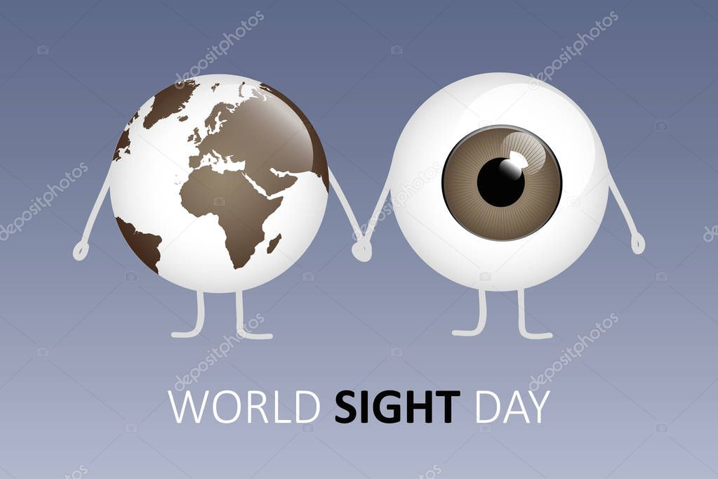 world sight day brown eye and earth holding hands cartoon