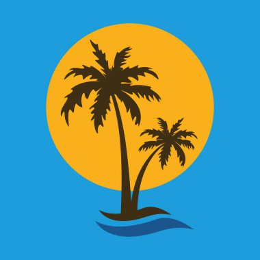 güneş ve dalga ile palmiye ağacı siluet yaz tatili simgesi