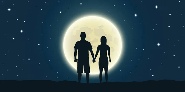 Romantisch nacht liefdevolle paar kijkt naar de volle maan — Stockvector