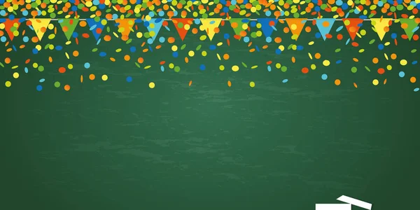 Colorate confetti ploaie petrecere steaguri pe școală negru bord — Vector de stoc