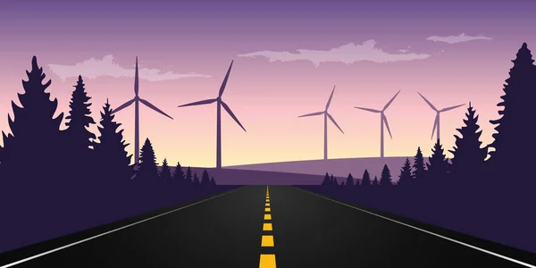 Estrada pavimentada em linha reta para o horizonte com parque de moinho de vento — Vetor de Stock
