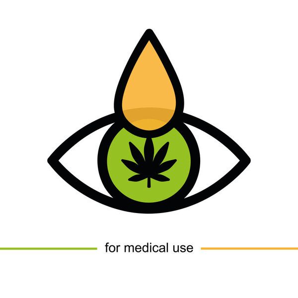 зеленый глаз с иконой листьев конопли и капли для медицинского использования
