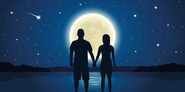 Romantica coppia di notte innamorata al mare con luna piena e stelle cadenti — Vettoriale Stock