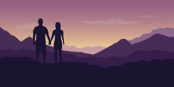 Молодая пара наслаждаться видом на горы на фиолетовый пейзаж — стоковый вектор