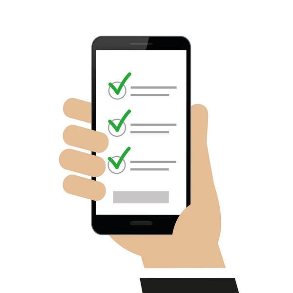 Mano está sosteniendo teléfono inteligente con una lista de verificación — Archivo Imágenes Vectoriales