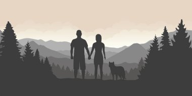 dağ ve orman manzara köpek ile çift