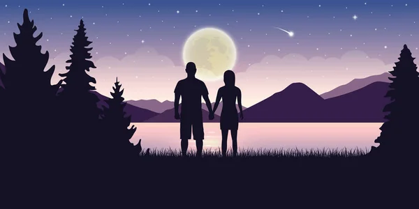 Couple amoureux au beau lac la nuit avec pleine lune et ciel étoilé paysage mystique — Image vectorielle