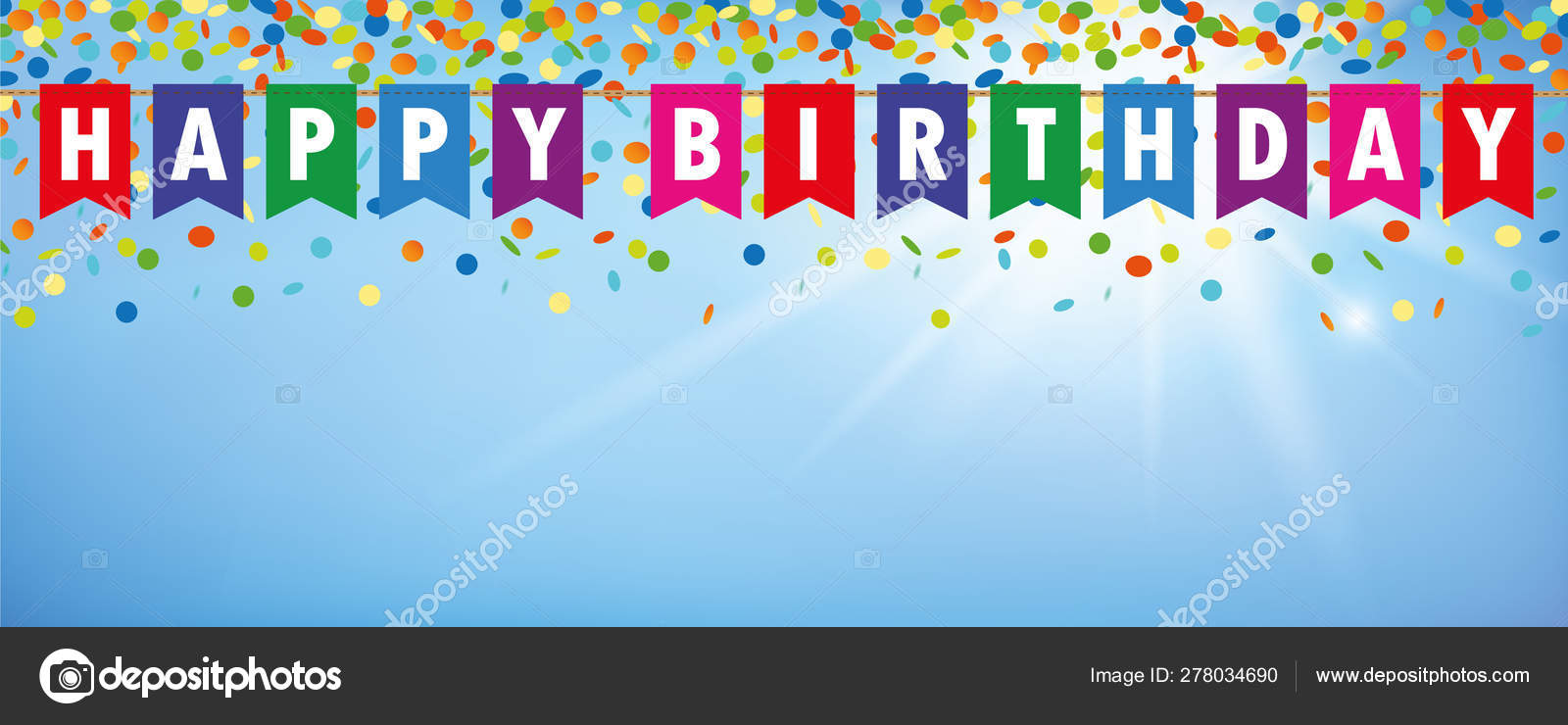 Happy birthday  party  flags banner  with confetti rain on 