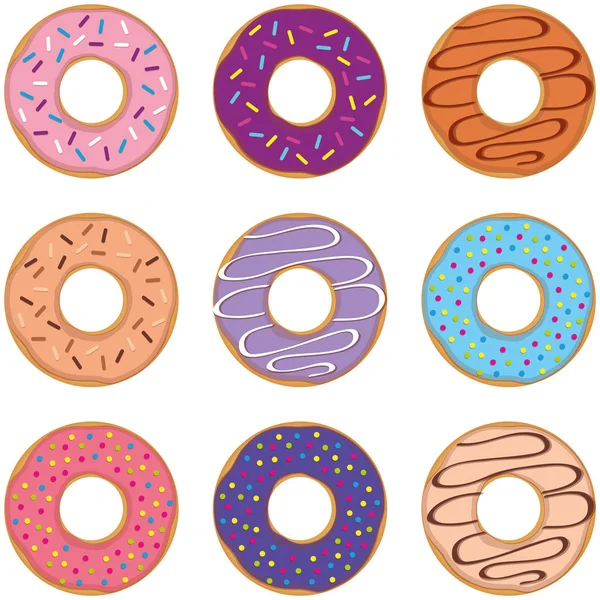 Jeu coloré de beignets avec différentes saupoudres — Image vectorielle
