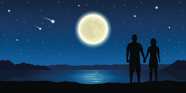 Pár v lásce u jezera s full moon a padající hvězdy — Stockový vektor
