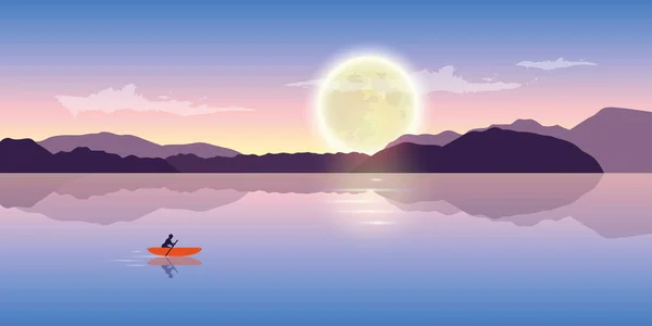 Dolunay ile gece turuncu tekne ile yalnız kano macera — Stok Vektör