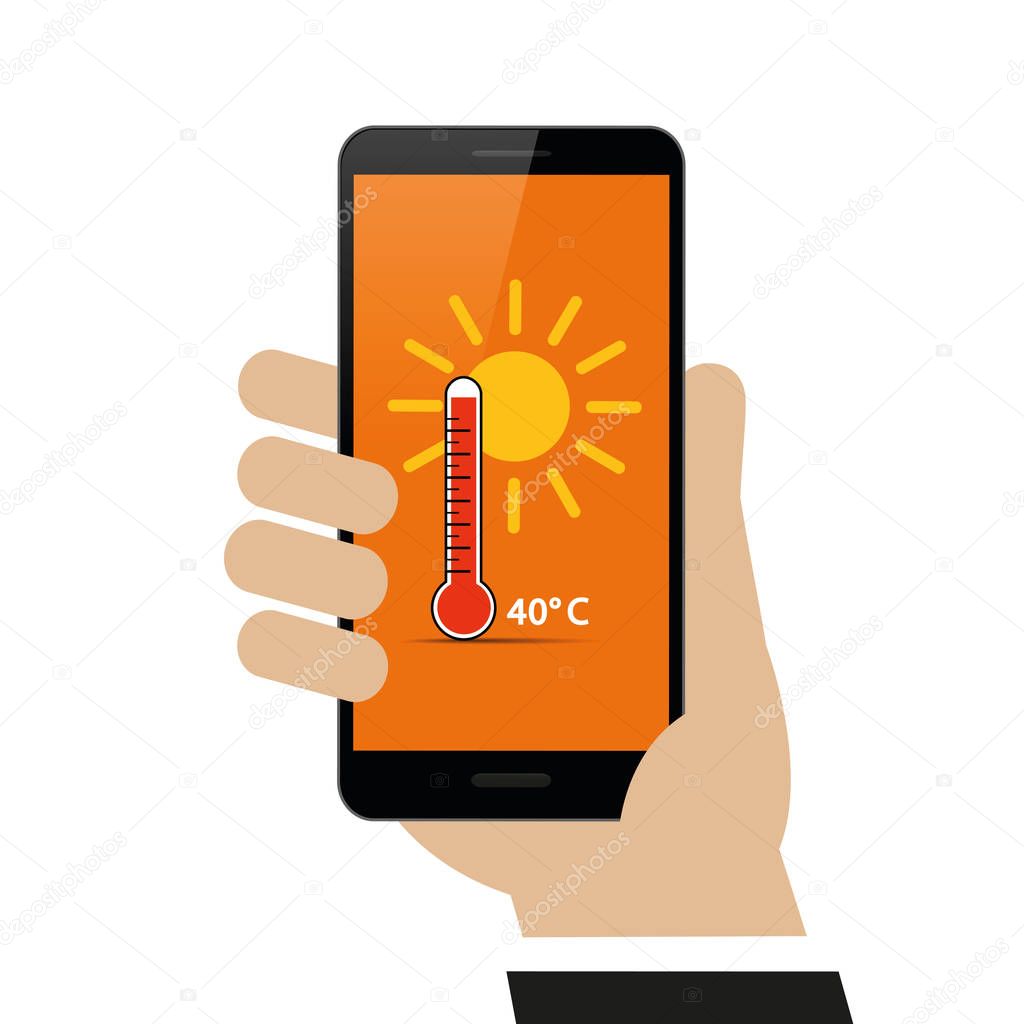 hand holds smartphone with summer weather report 40 degrees on display