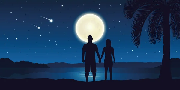 Coppia amorevole godersi la luna piena e le stelle cadenti sulla spiaggia — Vettoriale Stock