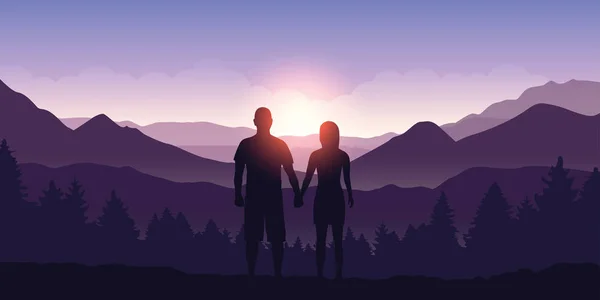 Пара наслаждаться видом на горы на восходе солнца — стоковый вектор